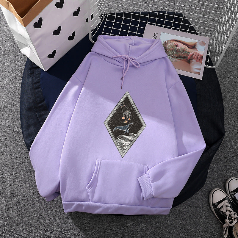 Damen Oversize Kapuzenpullover mit aufgenähter Wal-Patchapplikation, Kängurutasche und fleecegefüttertem Innenfutter – Auréline