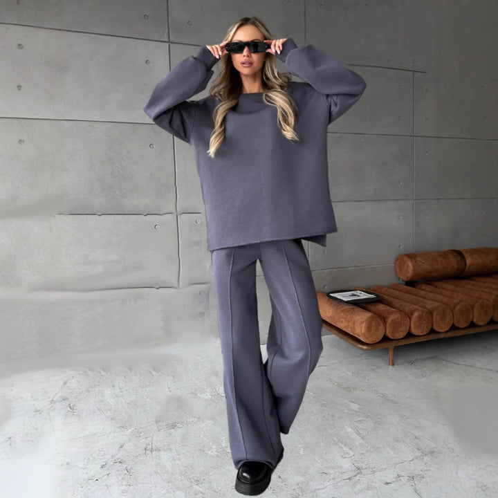Damen eleganter Lounge-Zweiteiler mit Oversize-Sweatshirt und taillierter Weitbein-Hose – Avérine