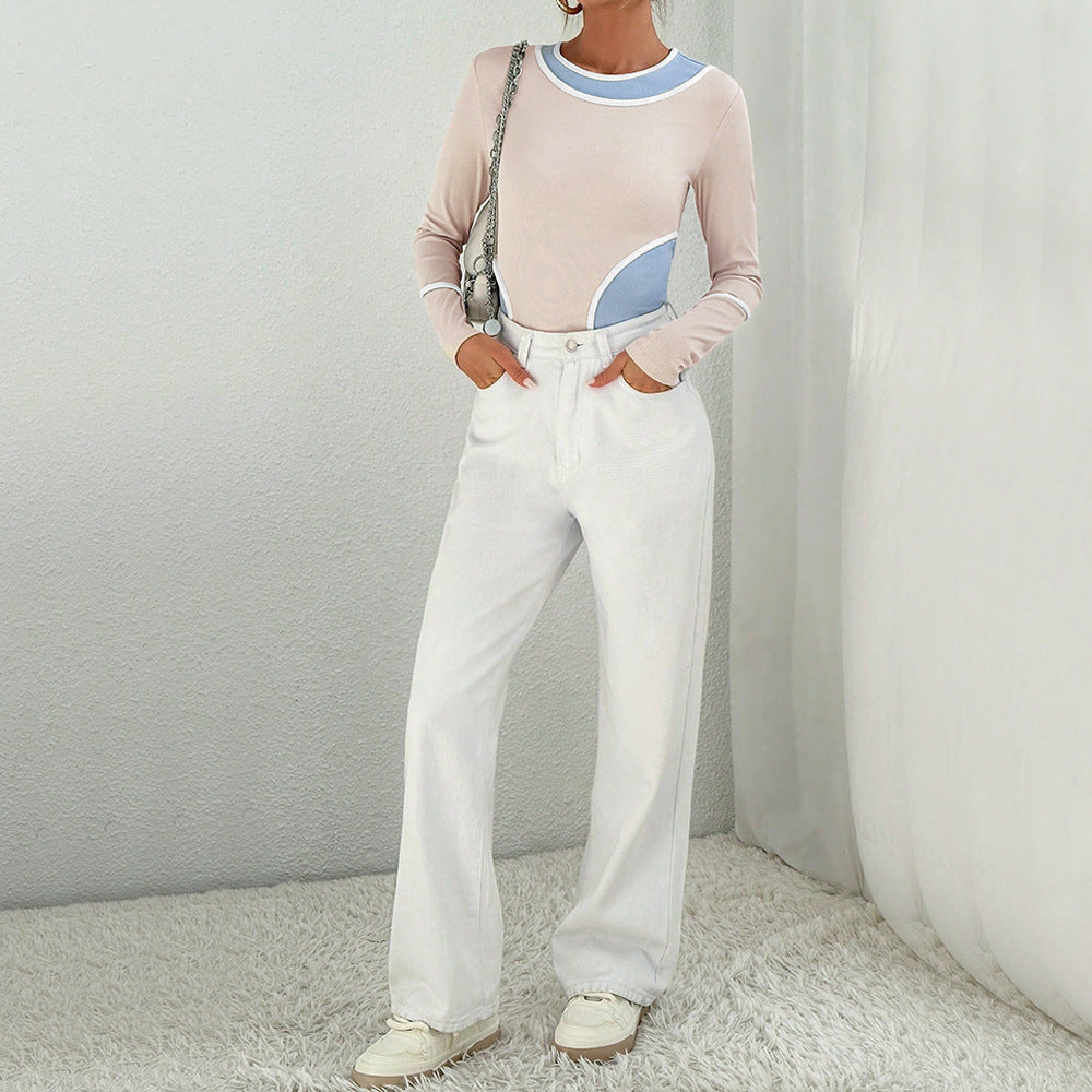 Damen figurbetontes Colorblock-Longsleeve mit Rundhalsausschnitt geschwungener Seitenpaneel‑Optik und feiner Rippstruktur – Avérine