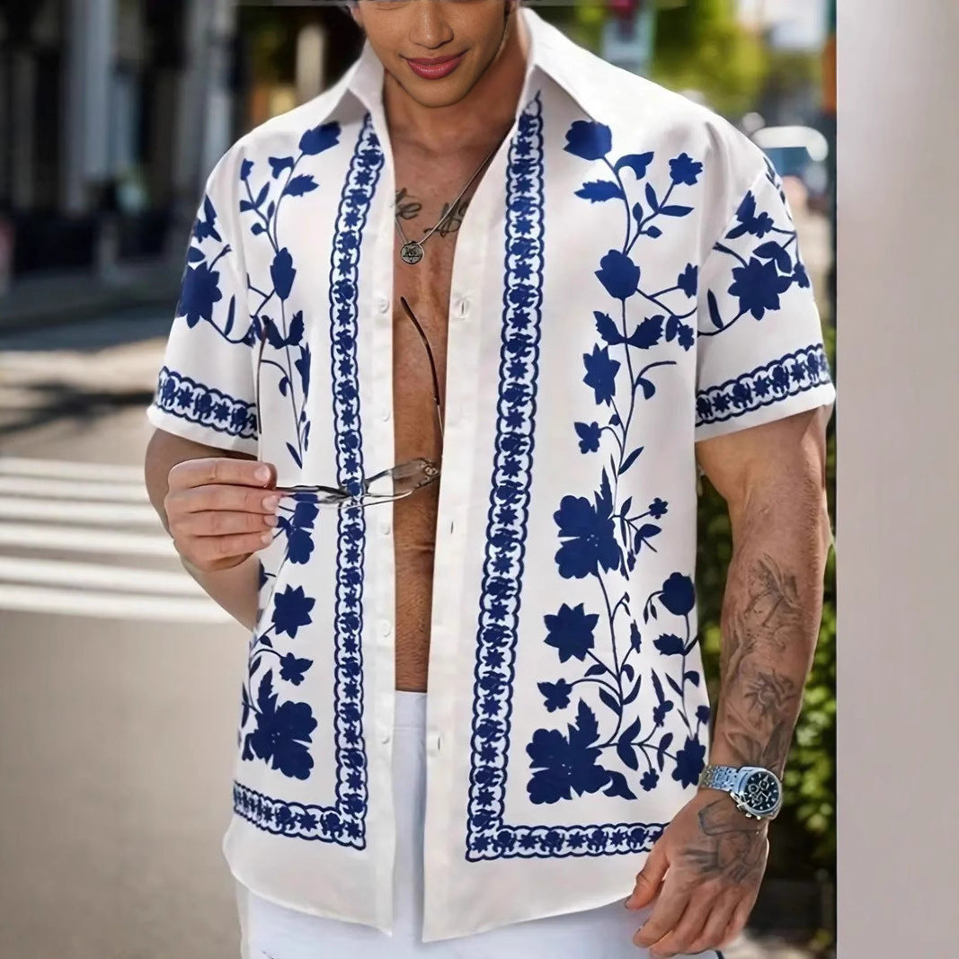 Herren Freizeithemd mit floralem Stickdesign und kurzärmeliger Passform Echoarchiv