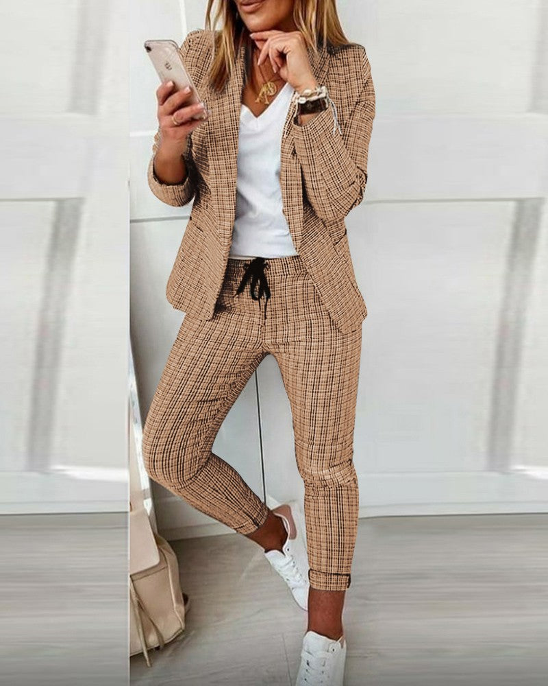 Damen Zweiteiler karierter Blazer und Slim-Fit Jogginghose mit Tunnelzug – Valéne