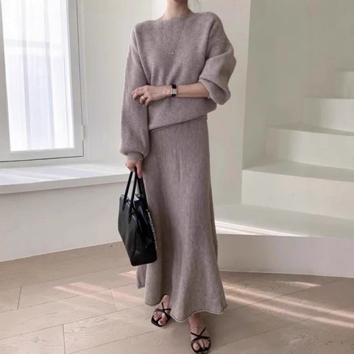 Damen Strick-Set aus Oversize-Ripp-Pullover und fließendem Maxirock Echoarchiv