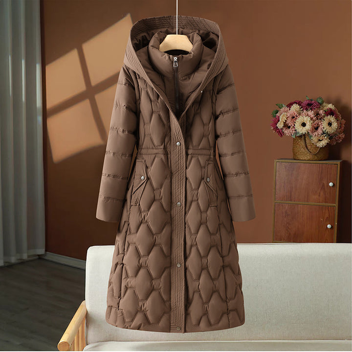 Damen nan langer gesteppter Mantel mit Wabenquilt, Kapuze und taillierter A-Linie Echo Archiv
