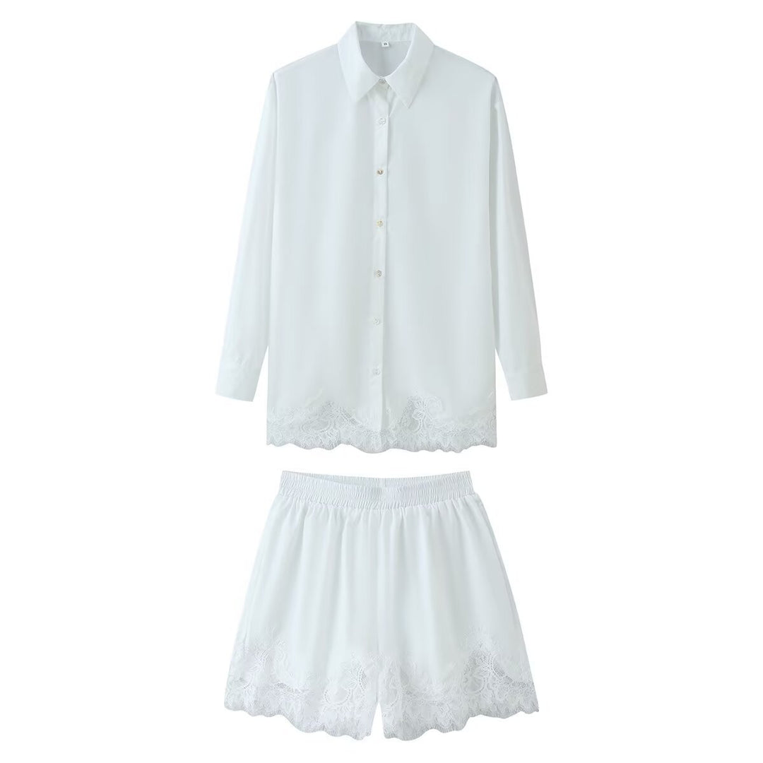 Damen Zweiteiliges Satin-Schlafanzug-Set mit Spitzenbesatz und Hemdjacke Echo Archiv
