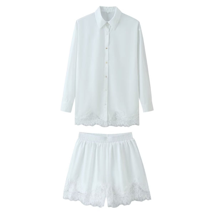 Damen Zweiteiliges Satin-Schlafanzug-Set mit Spitzenbesatz und Hemdjacke Echo Archiv
