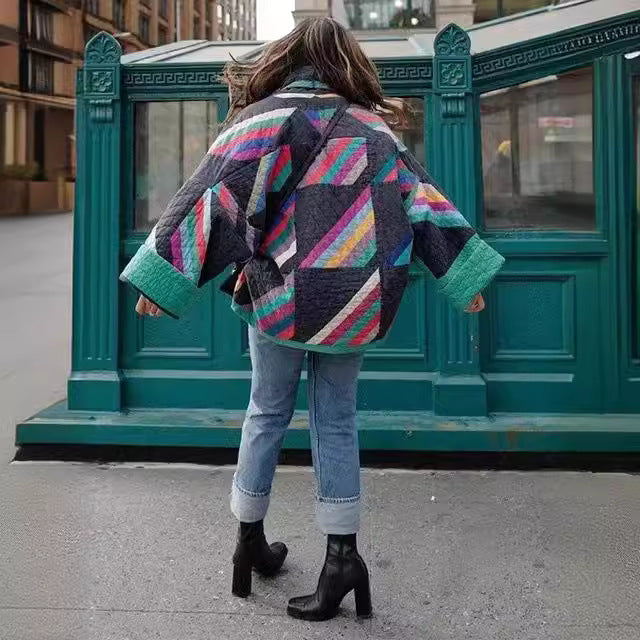 Damen wattierte Kimono-Steppjacke mit Patchwork-Design und weiten Ärmeln Echo Archiv