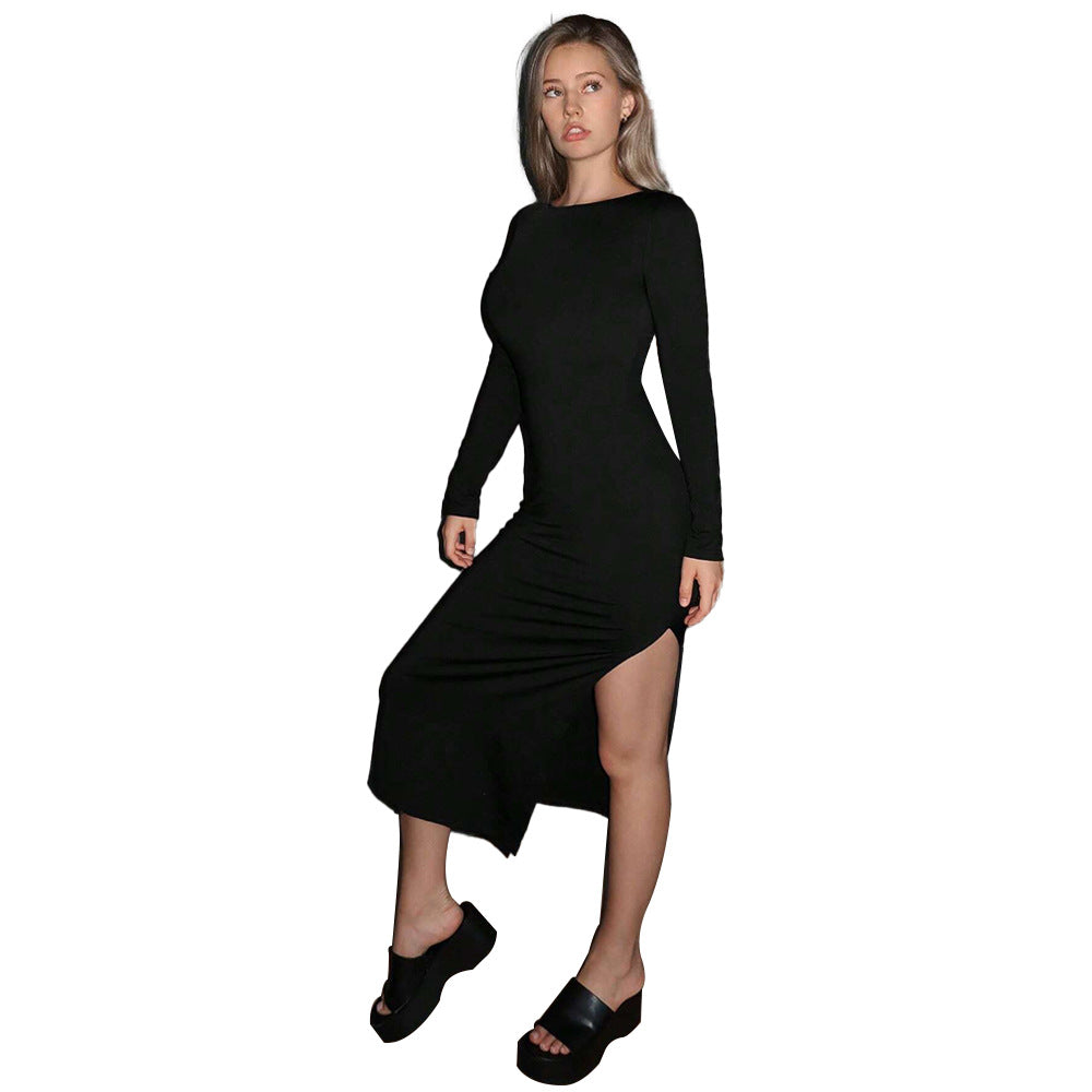 Damen langes figurbetontes Midikleid mit Boatneck, langen Ärmeln und seitlichem Beinschlitz – Élara