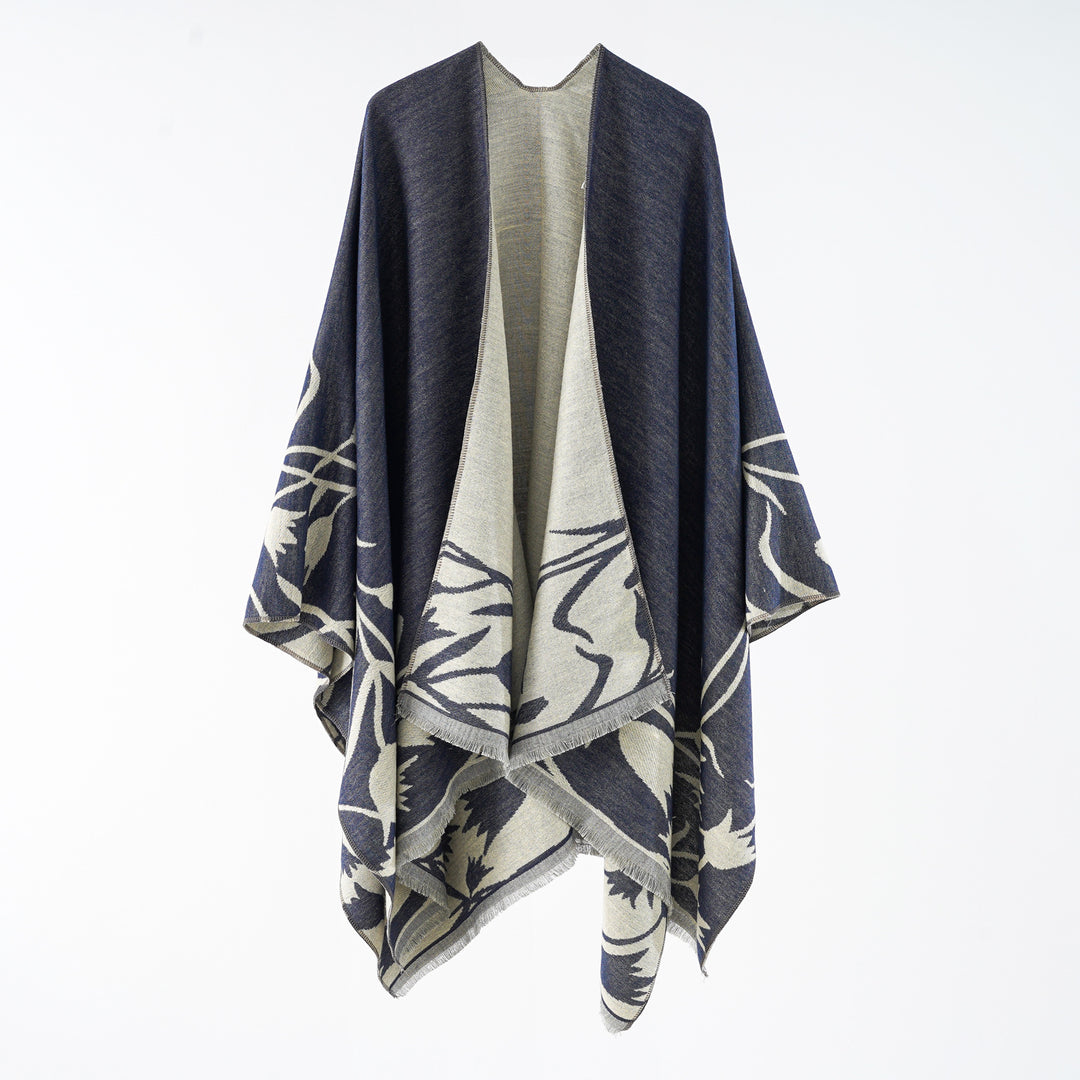 Damen Wendbarer Oversize-Capeponcho aus Wollmix mit floraler Jacquardwebung Echo Archiv