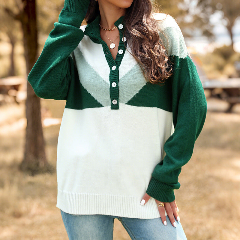 Damen Grobstrick-Henley-Pullover mit Stehkragen und Chevron-Intarsie Echoarchiv