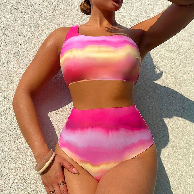 Damen Hochtailliertes Bikini-Set mit asymmetrischem Top und farbenfrohem Farbverlauf Echo Archiv