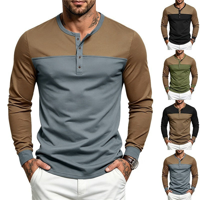 Herren Slim-Fit Langarm-Henleyshirt mit Kontrastpasse und Knopfleiste Echoarchiv