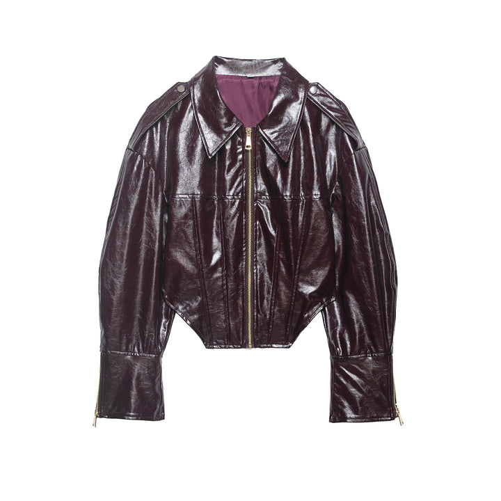Damen Glänzende Cropped Bikerjacke in Lackoptik mit Schulterklappen und Zip-Ärmeln Echoarchiv