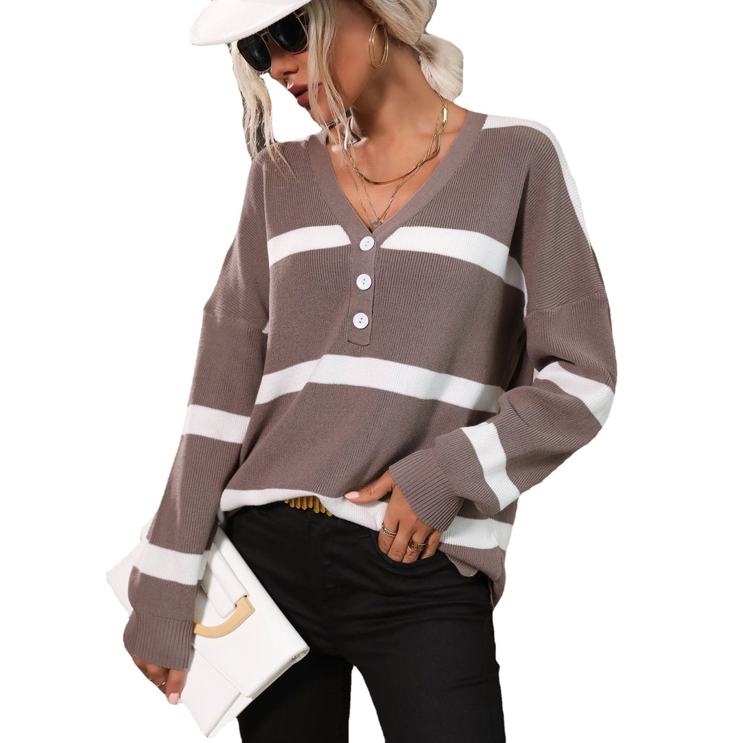 Damen Lockerer V-Ausschnitt Feinstrickpullover mit Knopfleiste und überschnittener Schulter Echoarchiv