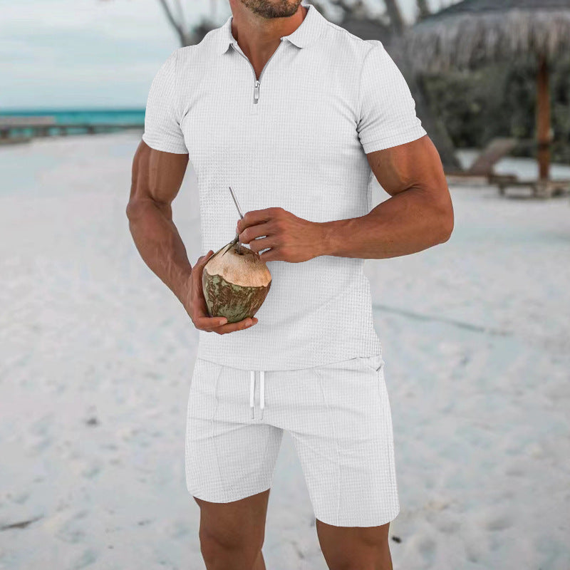 Herren lässiges Kurzarm-Set mit strukturiertem Polo und modischen Shorts Echoarchiv