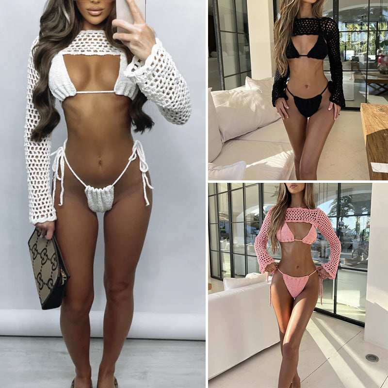 Damen Häkel-Bikini-Set mit langärmliger transparentem Oberteil und hohem Beinausschnitt Echo Archiv