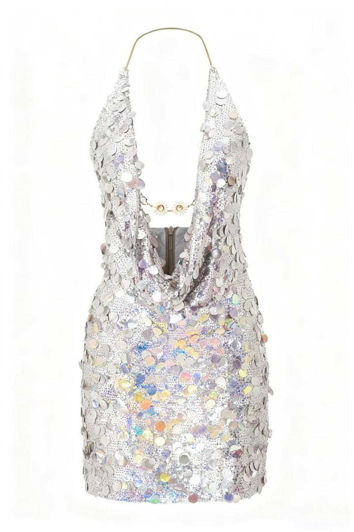 Damen Glitzerndes Minikleid mit tiefem V-Ausschnitt und Troddel-Applikationen Echo Archiv