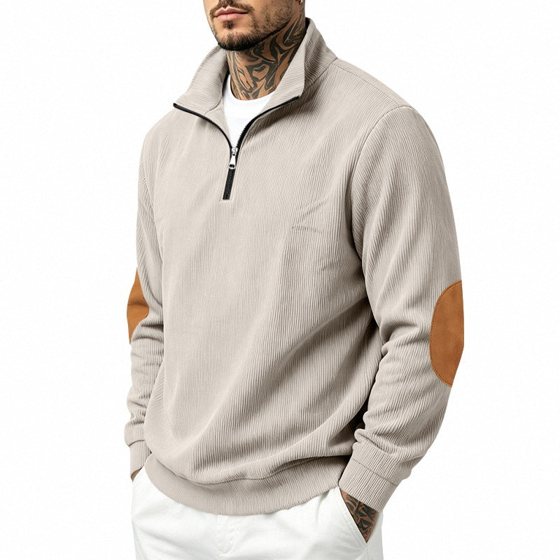 Herren Leichter Struktur-Halbzip-Pullover mit Cord‑Ellbogenpatches und Stehkragen Echoarchiv