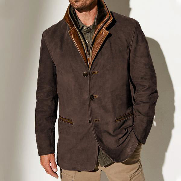 Herren stilvolle Wildlederjacke mit Kontrastkragen und praktischen Taschen Echoarchiv