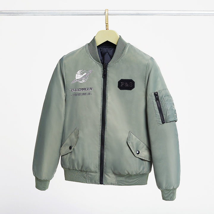 Herren  bestickte Raum-Patch-Flight-Bomberjacke mit wattierter Fütterung und Utility-Tasche am Ärmel Echo Archiv