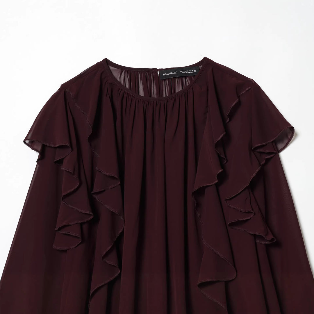 Damen voluminöse Chiffonbluse mit mehrlagigen Volants, gerafftem Ausschnitt und lockerem Fall – Élovi