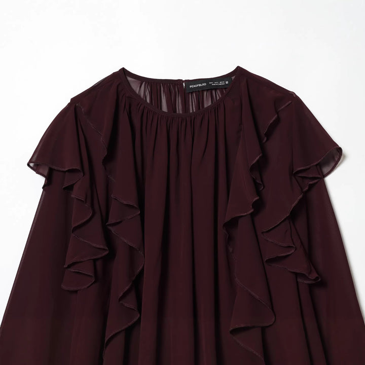 Damen voluminöse Chiffonbluse mit mehrlagigen Volants, gerafftem Ausschnitt und lockerem Fall – Élovi