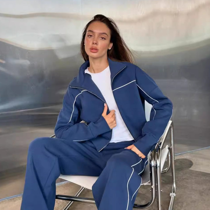 Damen nan zweiteiliges Sport-Loungewear-Set mit Stehkragen und Kontrastpaspel Echo Archiv