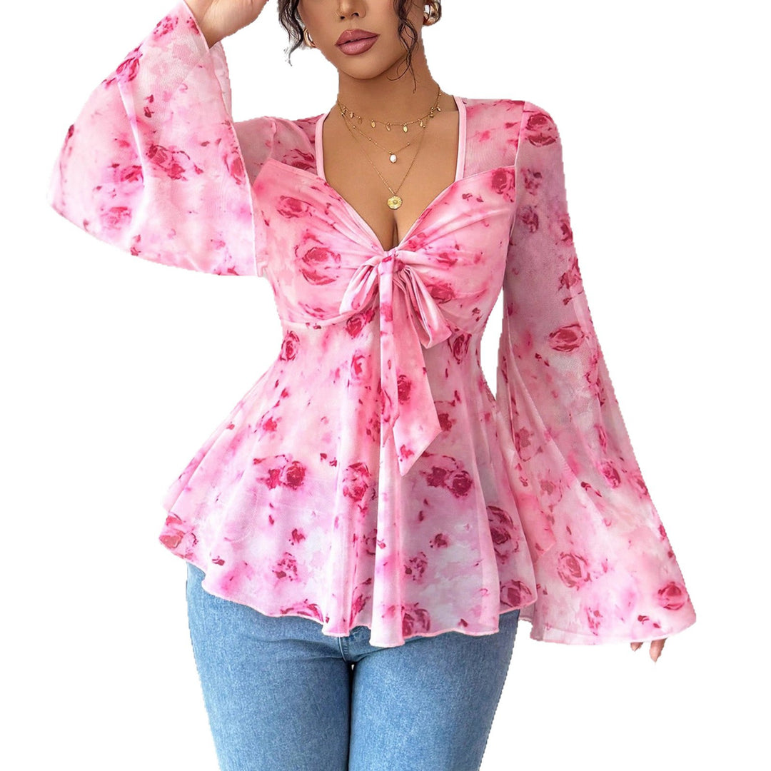 Damen Chiffonbluse mit Bindeknoten, V‑Ausschnitt und ausgestellten Glockenärmeln – Avérine