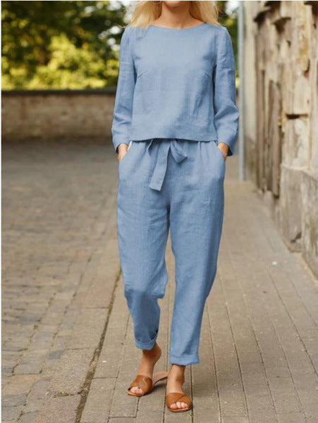 Damen Lässiges Leinen-Loungewear-Set mit Rundhalsausschnitt, Bindegürtel und knöchellanger Hose – Élanora