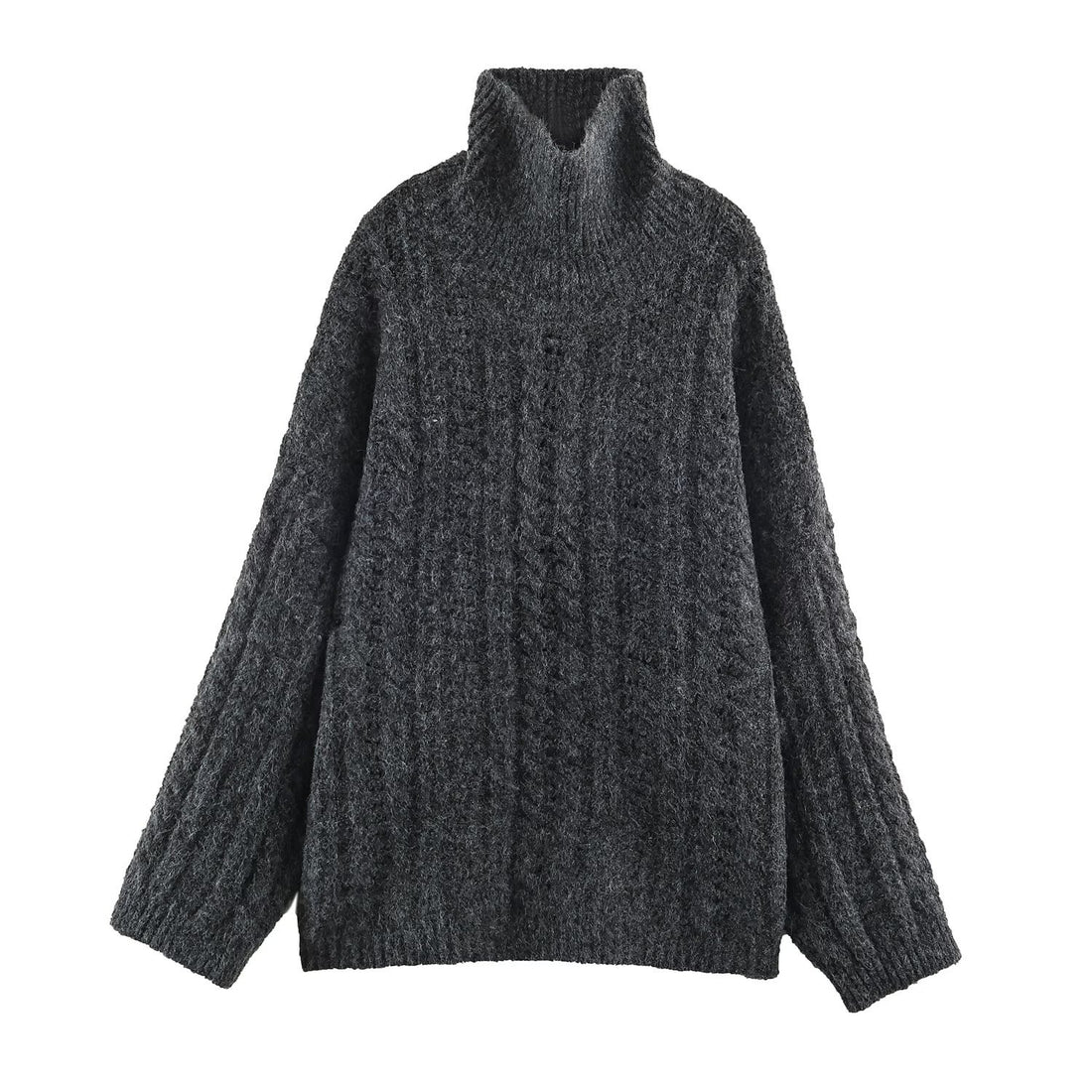 Damen Grobgestrickter Oversize-Pullover mit hohem Rollkragen und Zopfmuster Echoarchiv