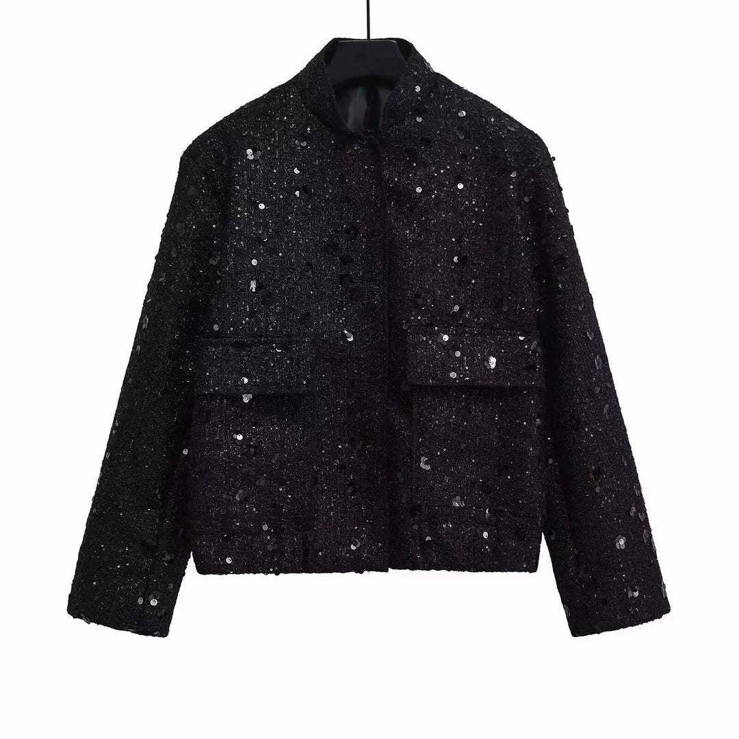 Damen nan strukturierte Boucléjacke mit Stehkragen, aufgesetzten Taschen und elastischem Saum Echo Archiv