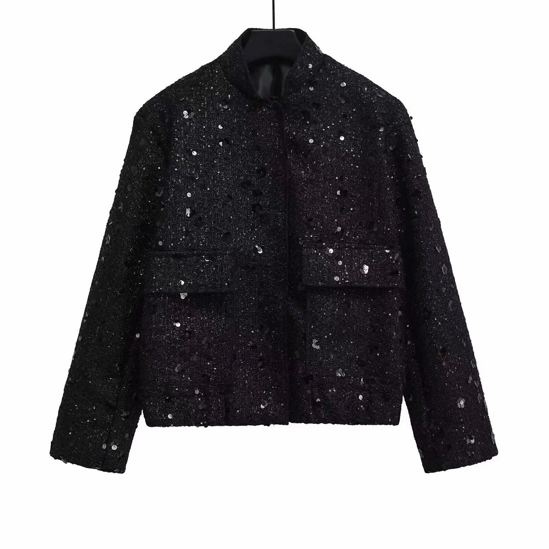 Damen strukturierte Boucléjacke mit Stehkragen, aufgesetzten Taschen und elastischem Saum – Célinea