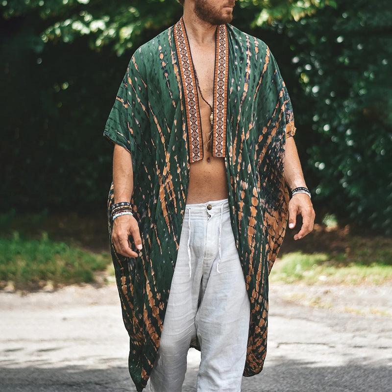Herren Langer Batik-Kimono aus leichter Viskose mit Ornamentbesatz Echoarchiv