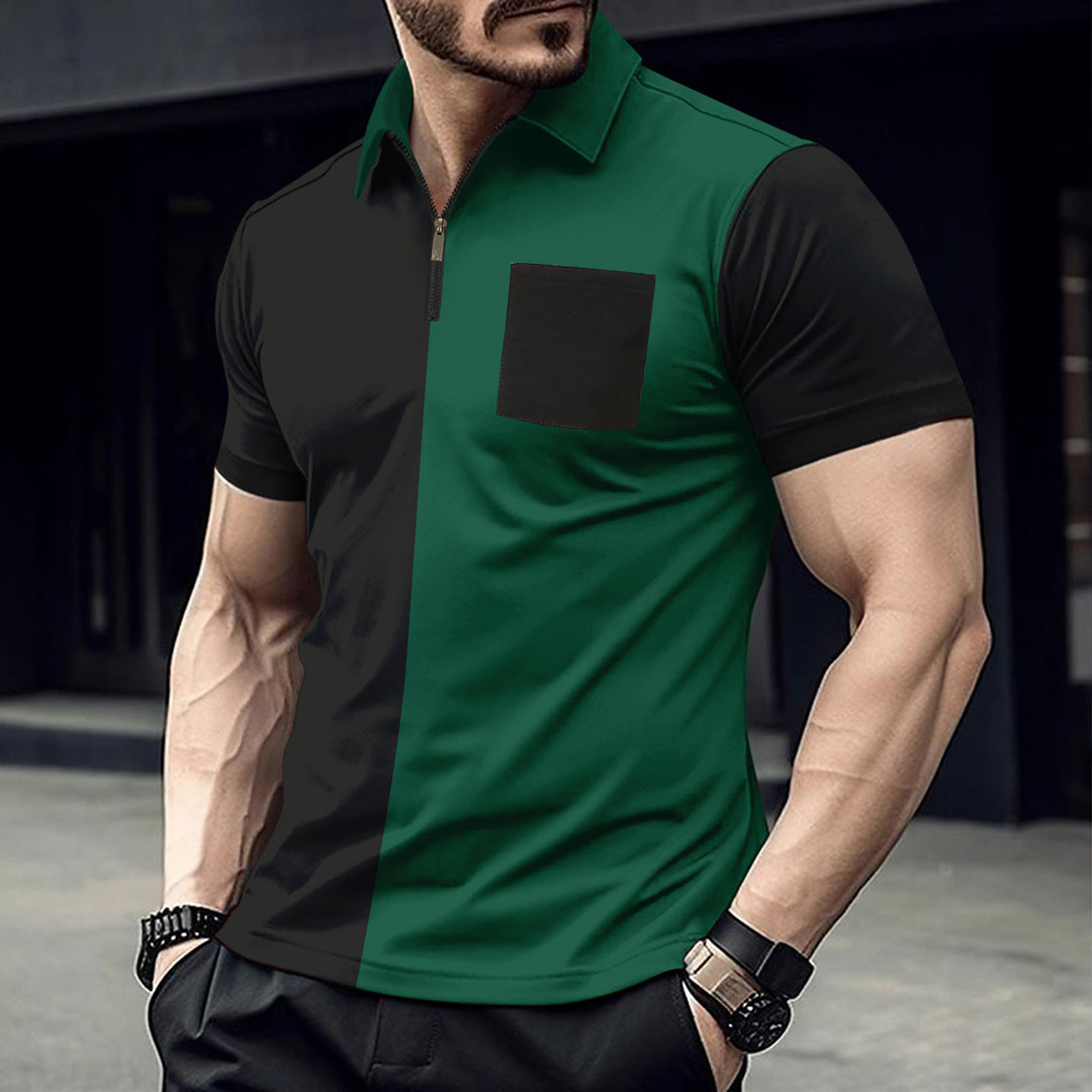 Herren Polohemd mit kurzem Reißverschluss und stilvollem Farbblockdesign Echoarchiv