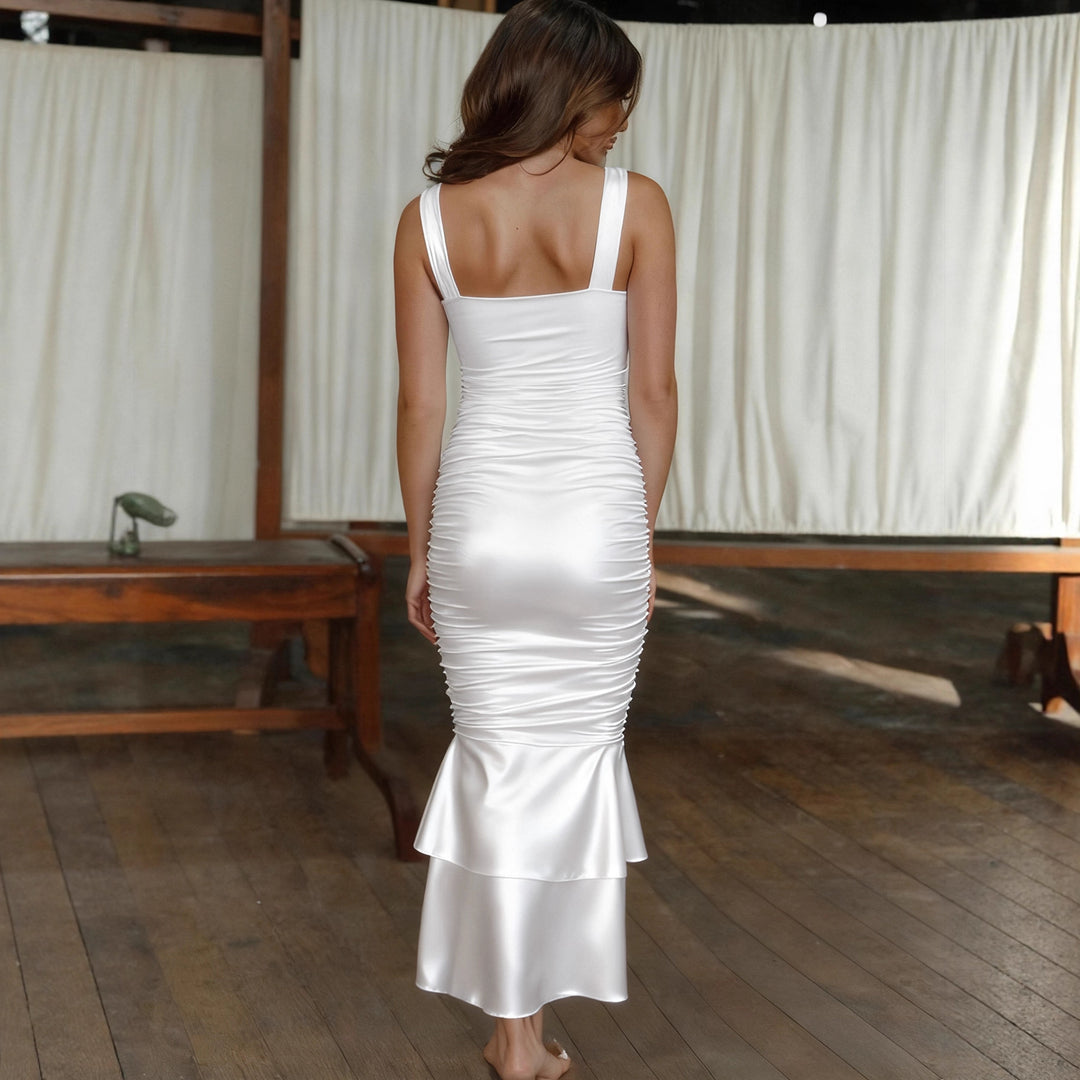Damen Figurbetontes Satin-Maxi-Kleid mit Rüschendetails Echo Archiv