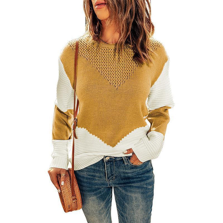 Damen Farbblock-Strickpullover mit strukturiertem Yoke und gerippten Ärmeln Echoarchiv