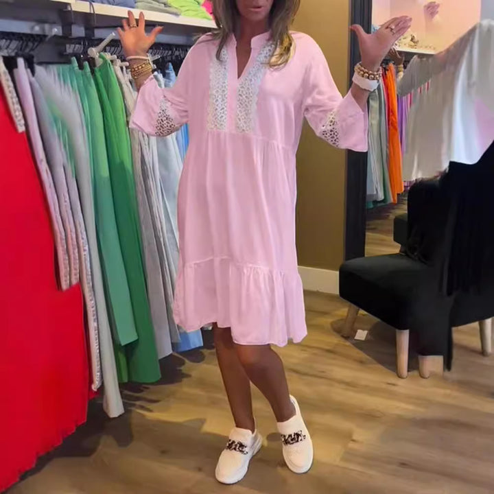 Damen nan lockeres Babydoll-Tunikakleid mit Spitzenpasse, V-Ausschnitt, Stehkragen und Stufenvolant Echo Archiv