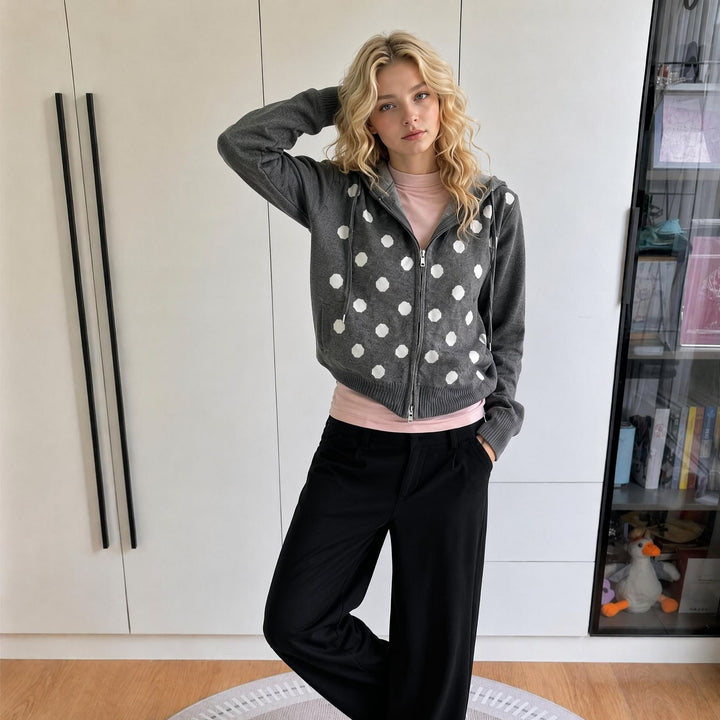 Damen Kapuzenjacke mit Reißverschluss, gewaschener Vintage-Optik & dezenter Punkte-Applikation Echoarchiv