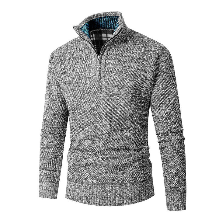 Herren nan grobgestrickter Halfzip-Pullover mit Stehkragen und karierter Krageninnenseite Echo Archiv