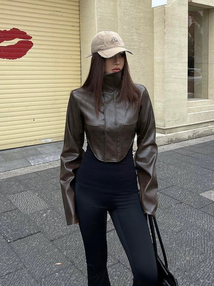 Damen Cropped Kunstleder‑Corsagenjacke mit hohem Stehkragen und verlängerten Ärmeln Echoarchiv