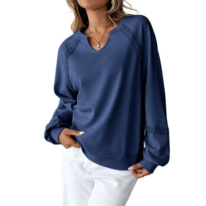 Damen Lässiges Sweatshirt mit V-Notch, Spitzeneinsätzen und Ballonärmeln – Mavelle