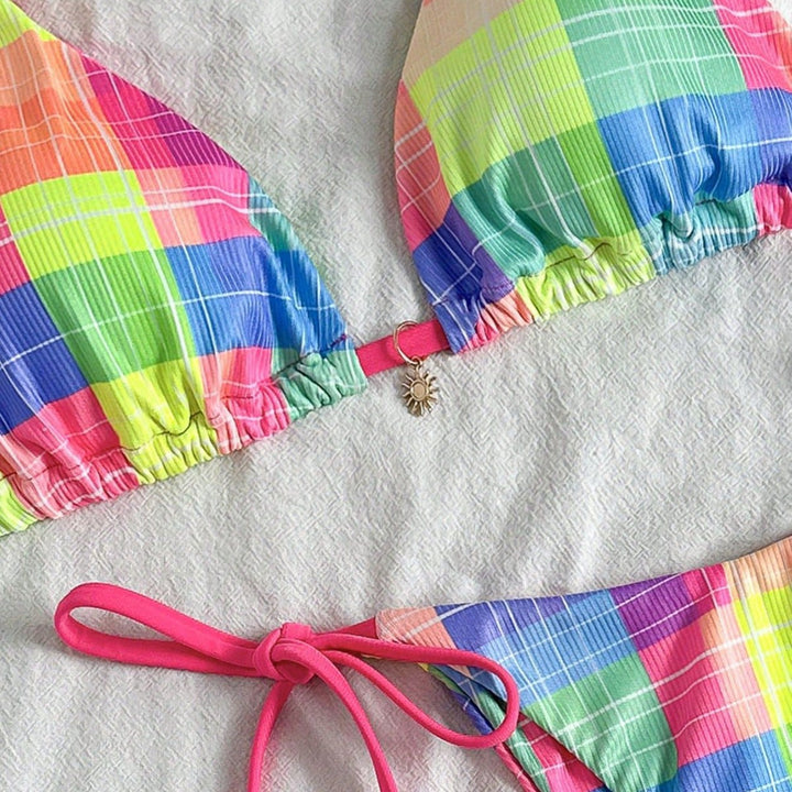 Damen Bunt karierter Triangel-Bikini mit seitlichen Bindebändern Echo Archiv