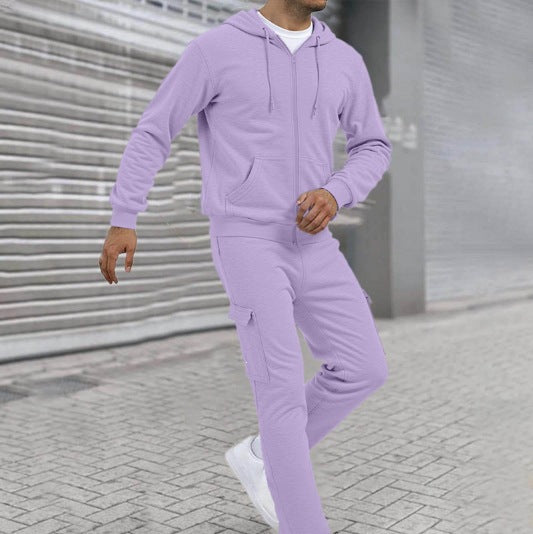 Herren athletischer Zip-Sweatset mit Cargo-Jogginghose, ergonomischen Nähten und gerippten Bündchen – Cavarno