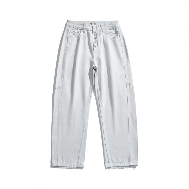 Damen Weite High‑Waist Cropped Jeans mit sichtbarer Knopfleiste, rohem Saum und Utility‑Nähten Echo Archiv