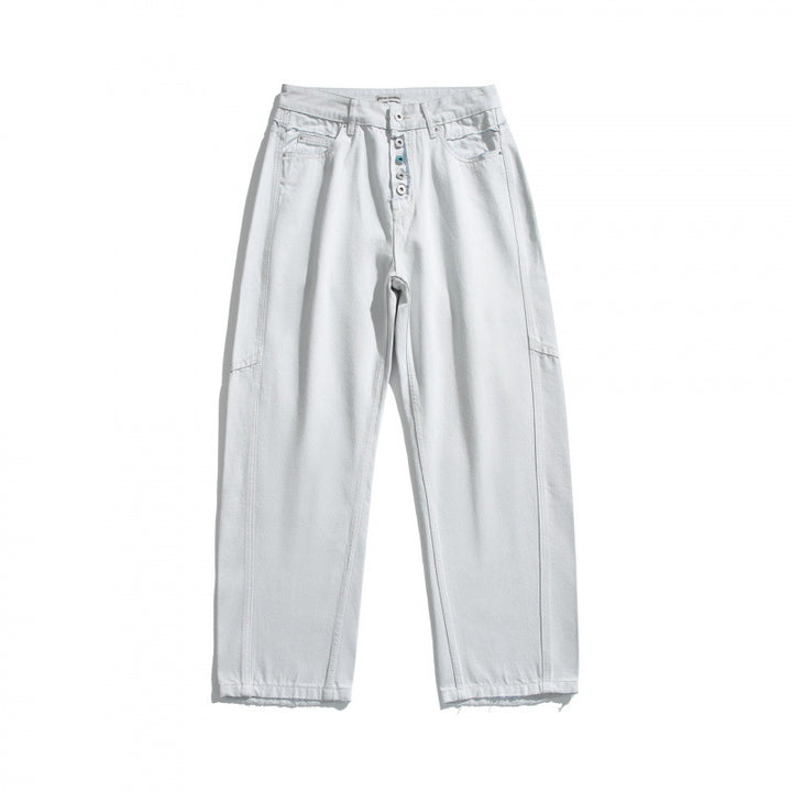 Damen Weite High‑Waist Cropped Jeans mit sichtbarer Knopfleiste, rohem Saum und Utility‑Nähten Echo Archiv