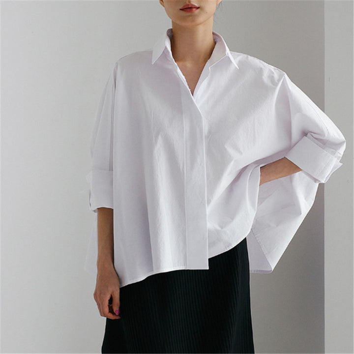 Damen weite Popeline-Bluse mit kastigem Schnitt und überschnittenen Ärmeln – Élovi