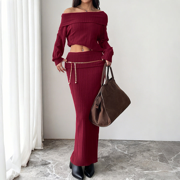 Damen Schulterfreies Rippstrick-Set mit Off-Shoulder-Oberteil und figurbetontem Maxirock Echoarchiv