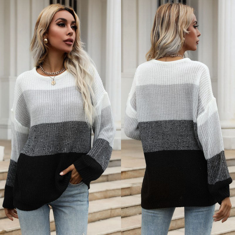 Damen Oversize-Colorblock-Strickpullover mit geradem Saum und Ballonärmeln Echoarchiv
