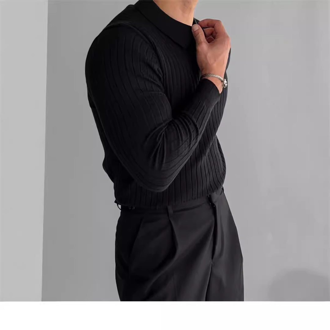 Herren nan figurbetontes Rippstrick-Polopullover mit offenem V-Ausschnitt und schmaler Passform Echo Archiv