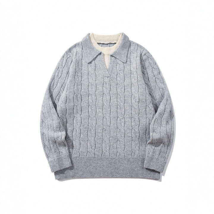 Herren Grobgestrickter Zopfmuster-Pullover mit Polokragen und V‑Ausschnitt Echo Archiv
