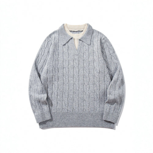 Herren Grobgestrickter Zopfmuster-Pullover mit Polokragen und V‑Ausschnitt Echo Archiv